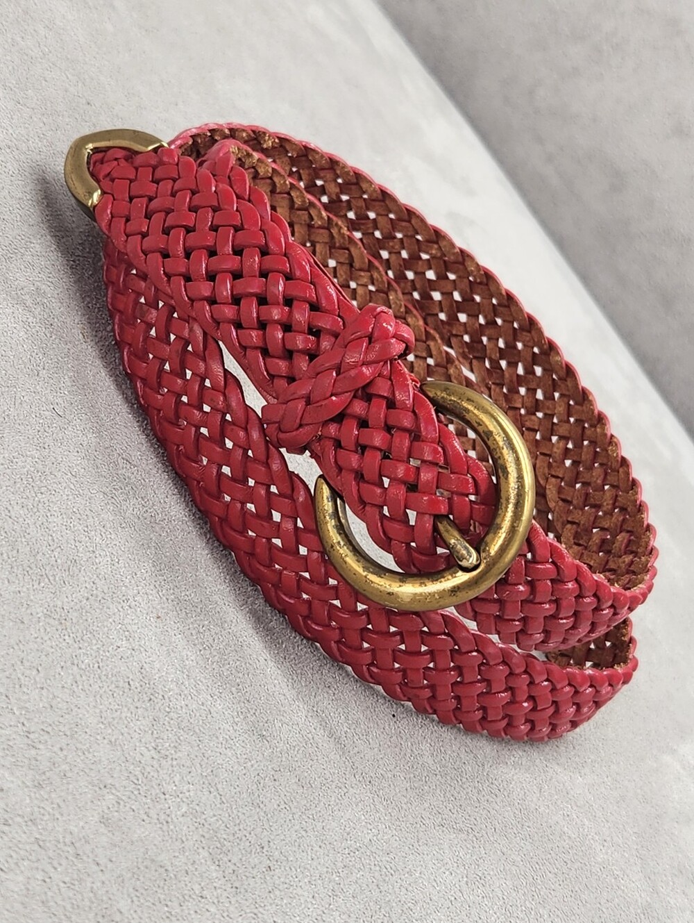 Vintage Y2K Talbots Belt L Scarlet Red Leather Woven Bronze Color Harware Casual